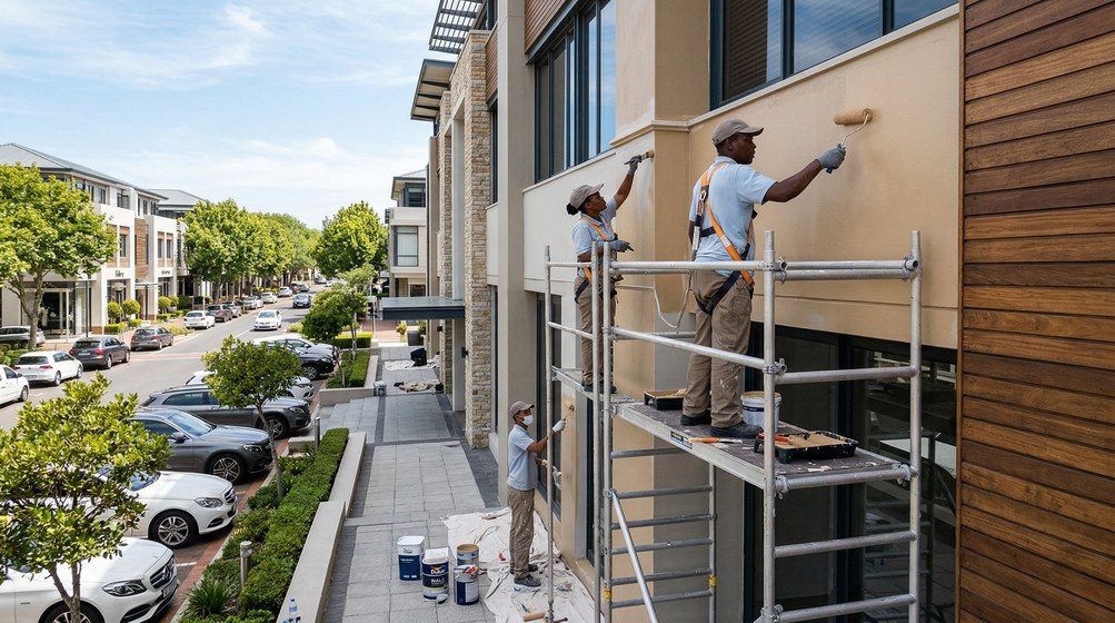 Professional commercial painters on scaffolding painting a building on the Brackenfell