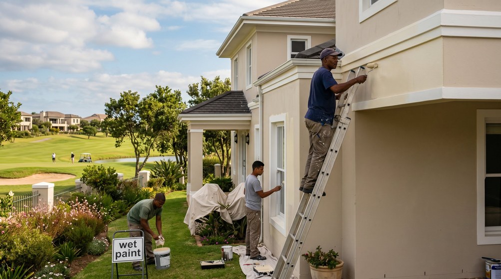 Professional estate painters painting a luxury golf estate home on the Brackenfell