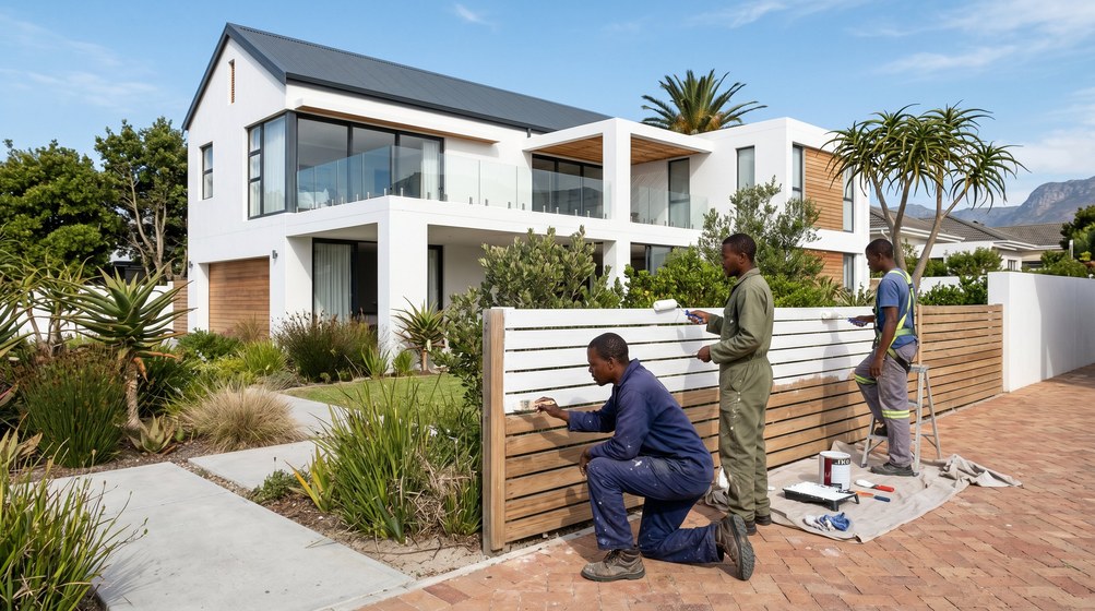 Professional fence painters painting a wooden fence at a Brackenfell home in Brackenfell
