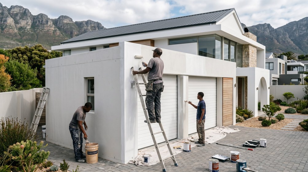 Professional painters painting a double garage exterior and garage doors in Brackenfell